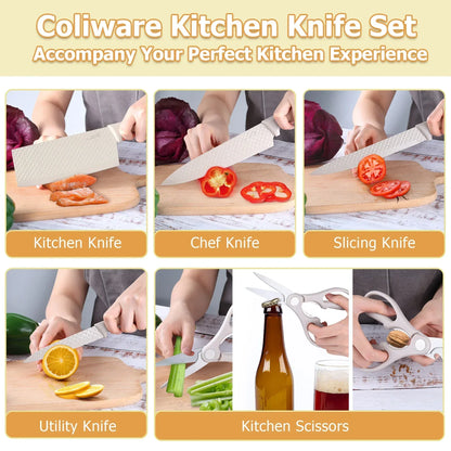 Joyfair Kitchen Knife Set, 7 Pcs Stainless Steel White Knives Block Set for Chef, Super Sharp Professional Knife Set with Universal Knife Block for Home Restaurant, Non-Stick & Anti-Rust
