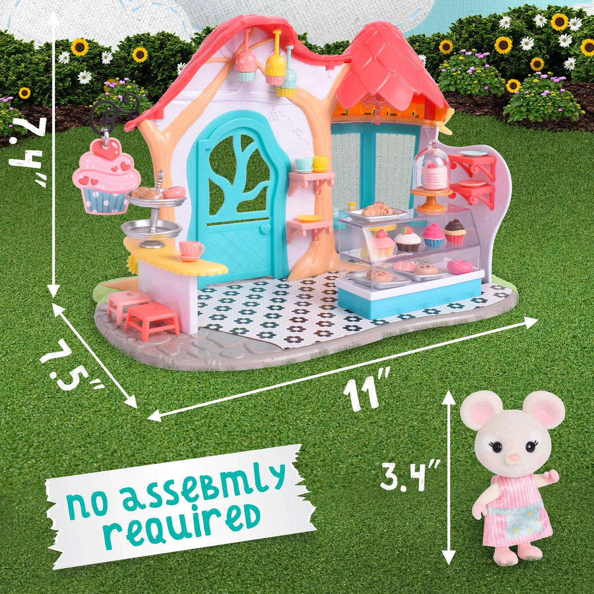 Honey Bee Acres Bees Teas Pastry Shop – 35 Piece Miniature Bakery Dollhouse with Cupcakes, Tea Cups & Exclusive Mouse Figure – Kids Ages 3+