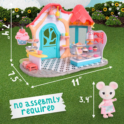 Honey Bee Acres Bees Teas Pastry Shop – 35 Piece Miniature Bakery Dollhouse with Cupcakes, Tea Cups & Exclusive Mouse Figure – Kids Ages 3+