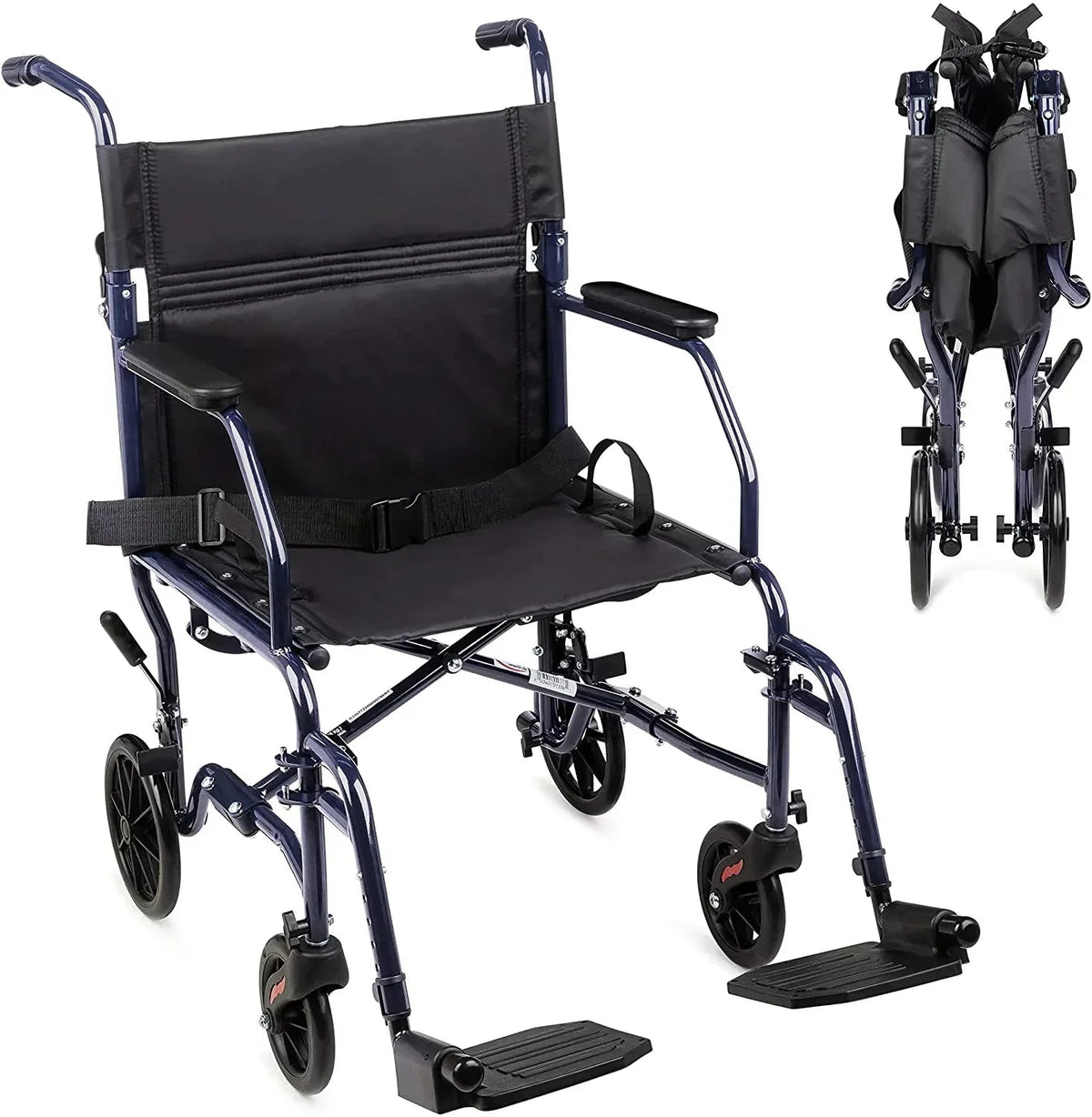 Carex Steel Transport Chair with 19" Seat, Swing-Away Footrests, Blue, 300 lb Weight Capacity