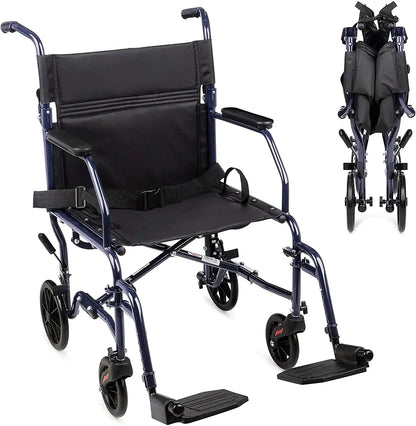 Carex Steel Transport Chair with 19" Seat, Swing-Away Footrests, Blue, 300 lb Weight Capacity
