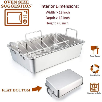VeSteel 16'' x 11.5'' Roasting Pan with Rack, Stainless Steel Turkey Roaster Include Deep Lasagna Pan & V-Shaped Rack & Roasting Rack, Heavy Duty & Dishwasher Safe