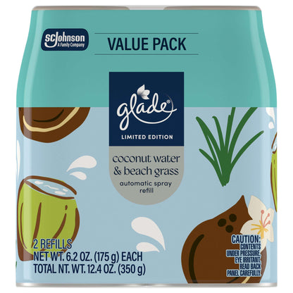 Glade® PlugIns®, Coconut Water & Beach Grass, Large Auto refills, 12.4 oz, 2 Count