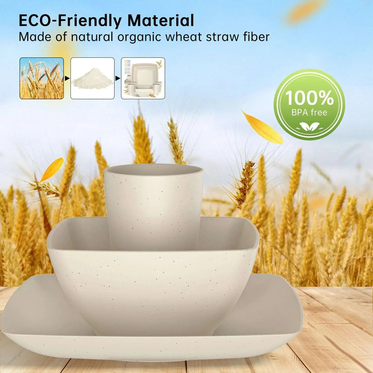 GPED 32 Pcs Wheat Straw Square Dinnerware Sets For 6, Unbreakable Dish Sets, Reusable Plates and Bowls Sets, Dinner Plates, Travel Camping Cutlery Set, Dishwasher Microwave Safe, Beige