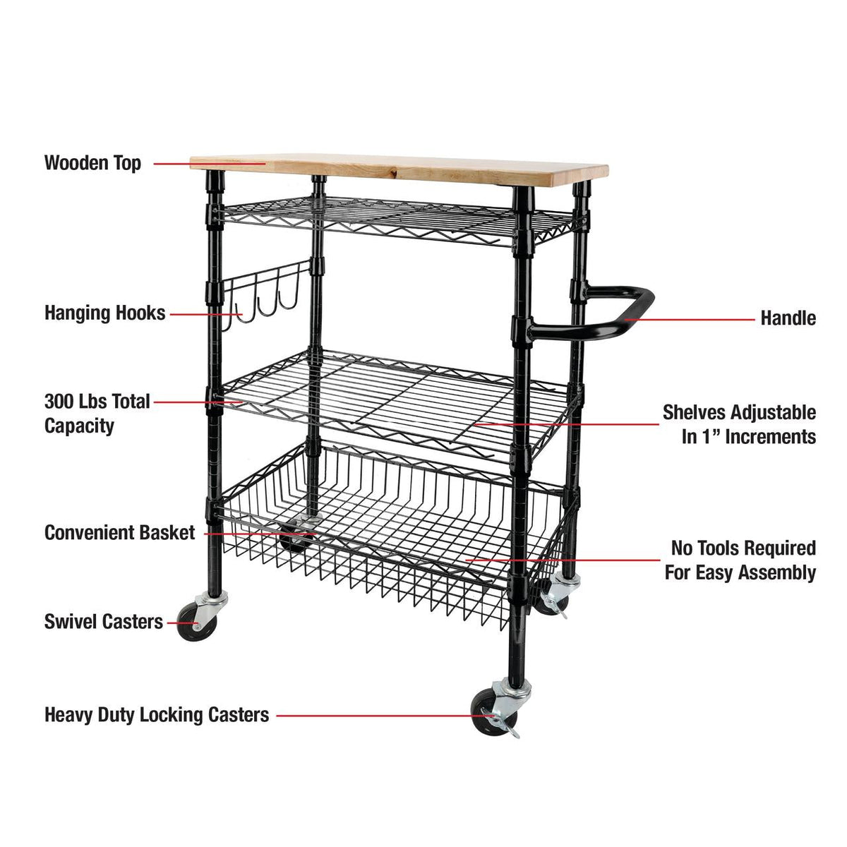 Rubbermaid 3-Tier Heavy Duty Black Rolling Utility Cart with Solid Wood Top, 300lb Capacity