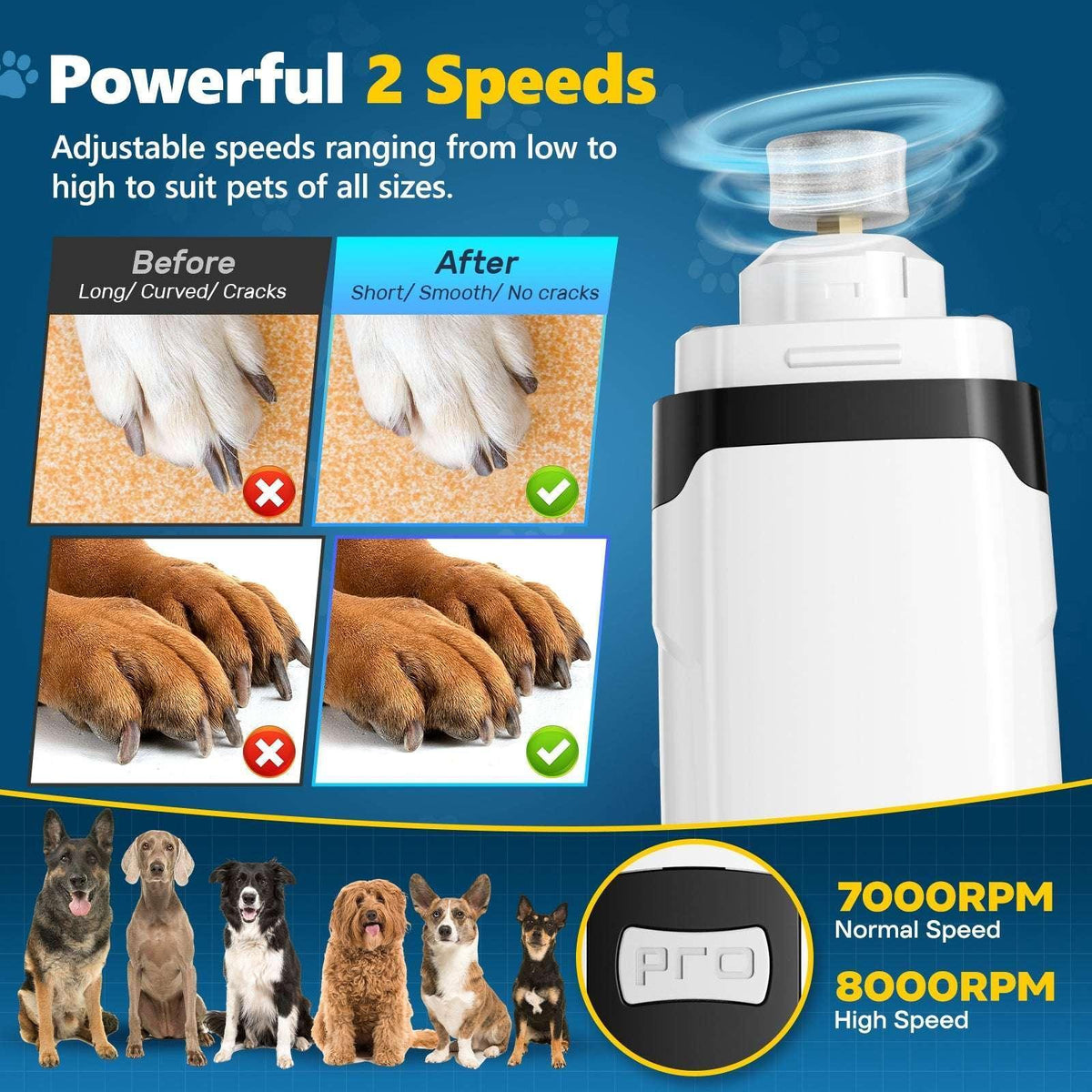 BEBANG Dog Nail Grinder, 2 LED Lights, Super Quiet and Low Vibration Electric Dog Nail Trimmers for Small Medium Large Dogs & Cats