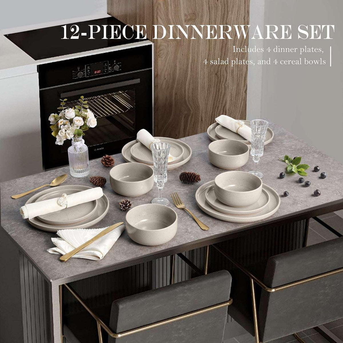 Vesteel 12-Piece Dinnerware set, Ceramic Plates and Bowls set for 4, Speckled Stoneware Dishes Set for Family, Microwave & Dishwasher Safe - Cappuccino Brown