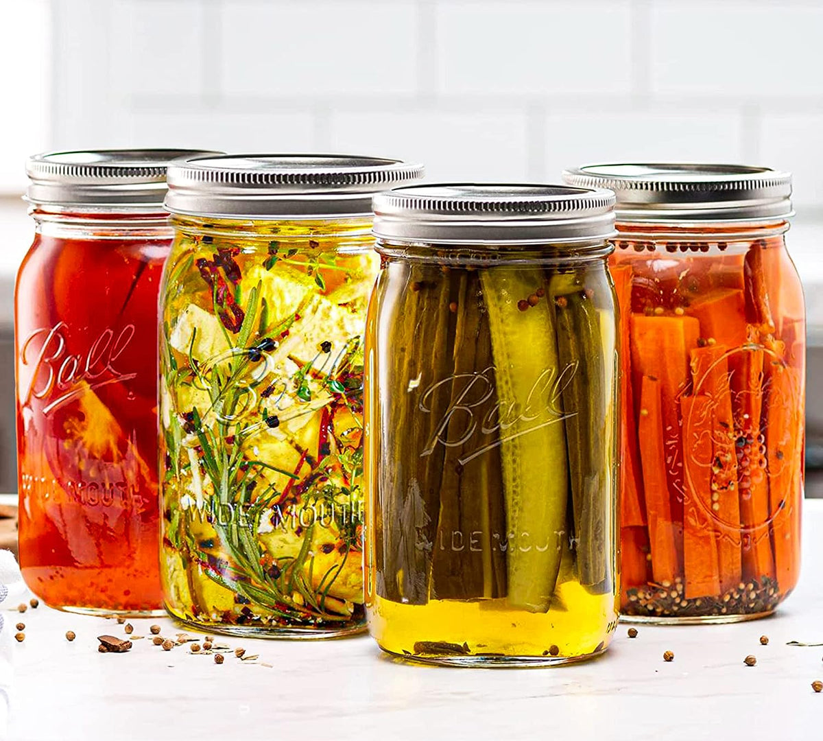 Wide Mouth Mason Jars 32 oz - (4 Pack) Ball Wide Mouth 32-Ounces Quart Mason Jars With Airtight lids and M.E.M Rubber Jar Opener Included