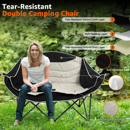 Jacgood Double Camping Chair for Couples, Comfortable Folding Loveseat with 2 Cup Holders & Armrests, Heavy-Duty 660lb Capacity for Camping