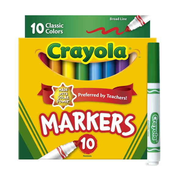 Crayola Broad Line Markers, 10 Ct, Back to School Supplies for Kids, Teacher Supplies, Beginner Child