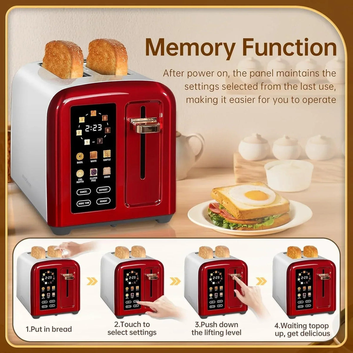 SEEDEEM Toaster 2 Slice, Touch Control Stainless Toaster LCD Display, 50% Faster Heating Speed, 1.4'' Wide Slots, More Timer Functions, Removable Crumb Tray, 1350W, Dark Metallic