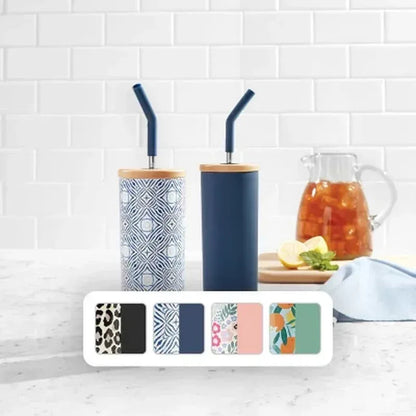 Member'S Mark 24-Oz Stainless Steel Insulated Tumblers with Wood Lids and Stainless Steel Straws, Assorted Colors (2 Pk.)