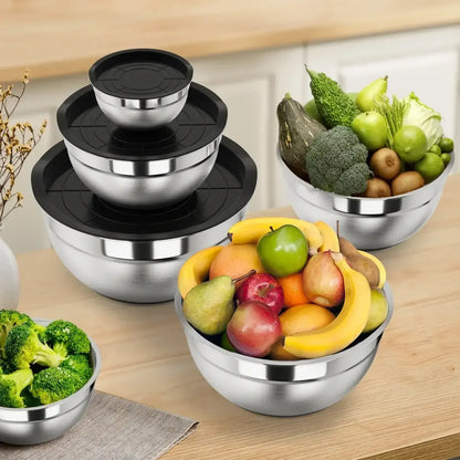 TINANA 26PCS Stainless Steel Mixing Bowls with Lids Set, Nesting Mixing Bowl Set with Non-Slip Bottom Graters Tools Gadgets, 7/4/3.5/2.5/2/1.5QT Metal Salad Bowls for Serving Prepping Baking