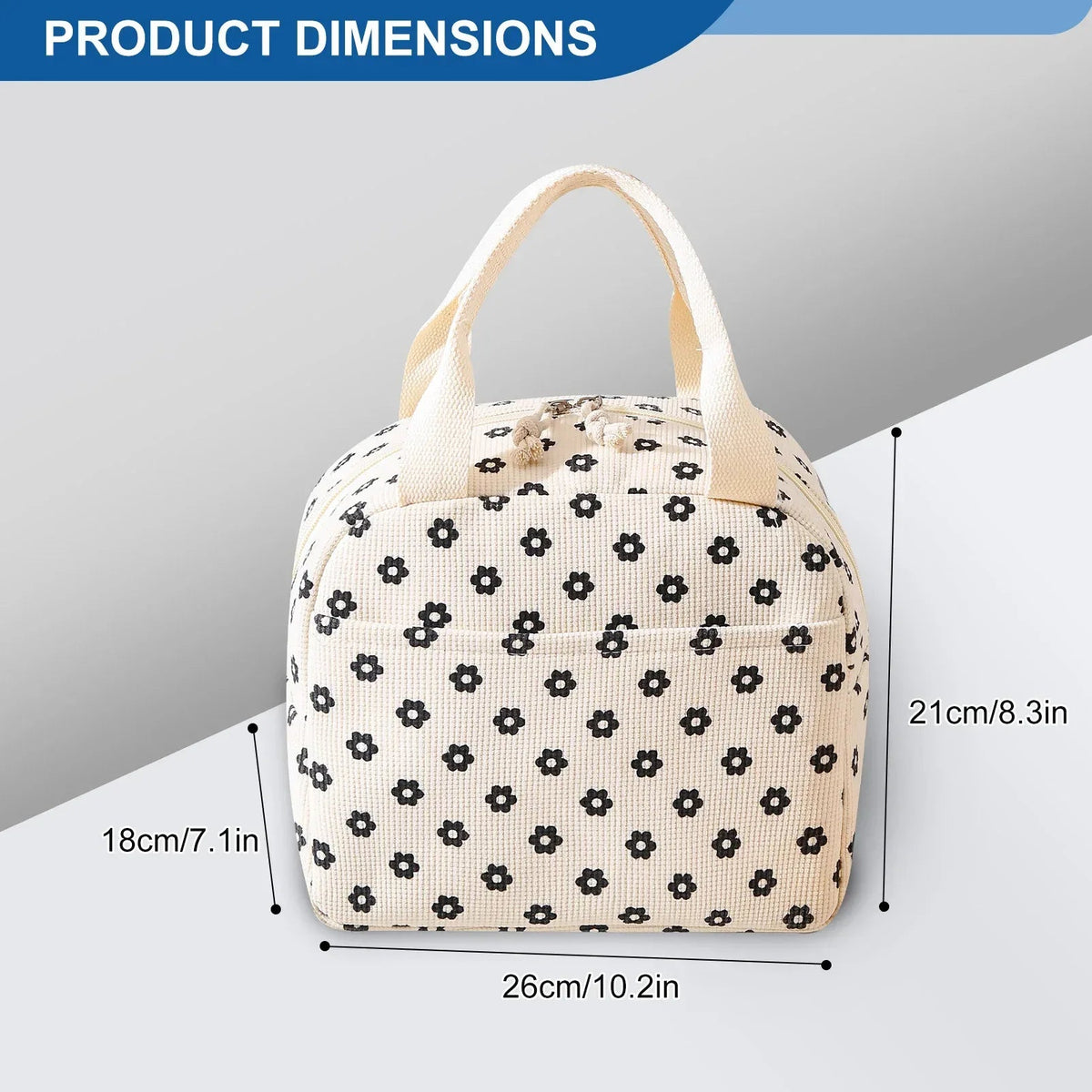 Cute Corduroy Lunch Bag for Women Men, Insulated Lunch Box Tote Bag Reusable Leakproof Bento Cooler Bag for Work Picnic Travel (Black Floral Beige)