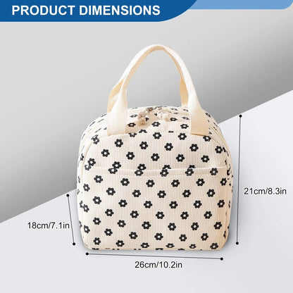 Cute Corduroy Lunch Bag for Women Men, Insulated Lunch Box Tote Bag Reusable Leakproof Bento Cooler Bag for Work Picnic Travel (Black Floral Beige)