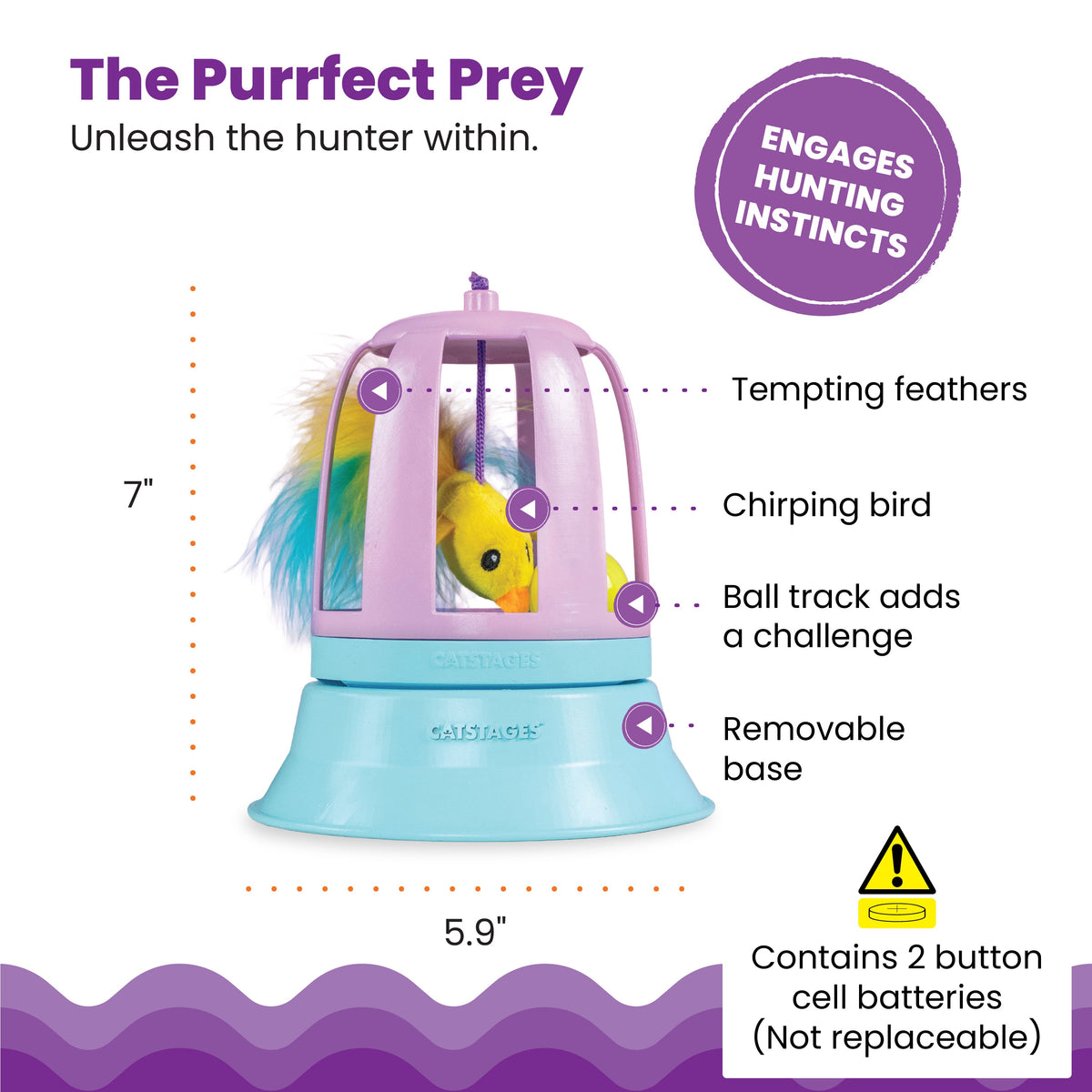 Catstages 2-in-1 Chirping Bird Interactive Cat Toy – Touch-Activated Toy with Sound and Ball Track Fun, Standalone Toy or Track Add-On, Purple