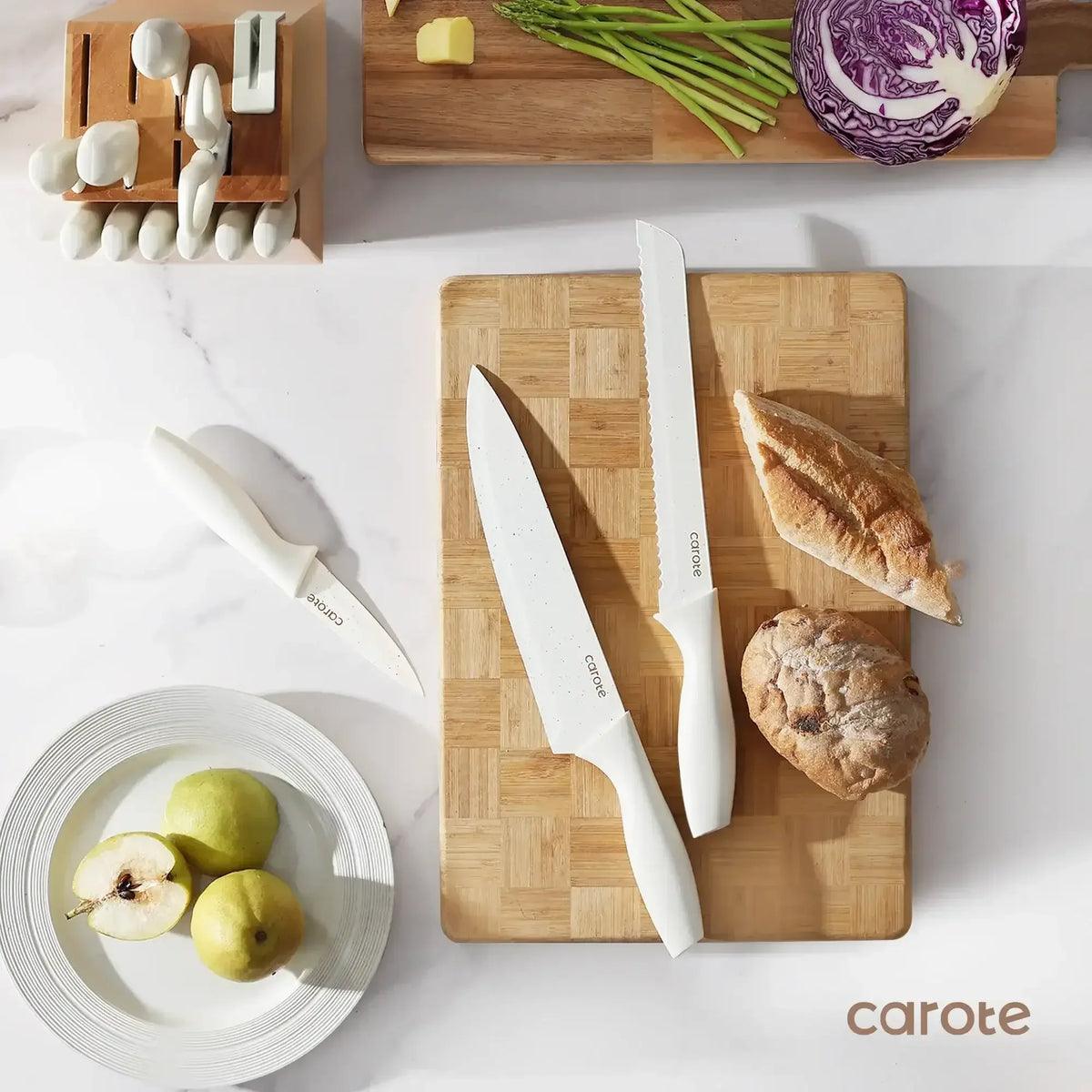 Carote 15-Piece Premium Kitchen Knife Set, Ceramic-Coated Blades with Stylish Wooden Block