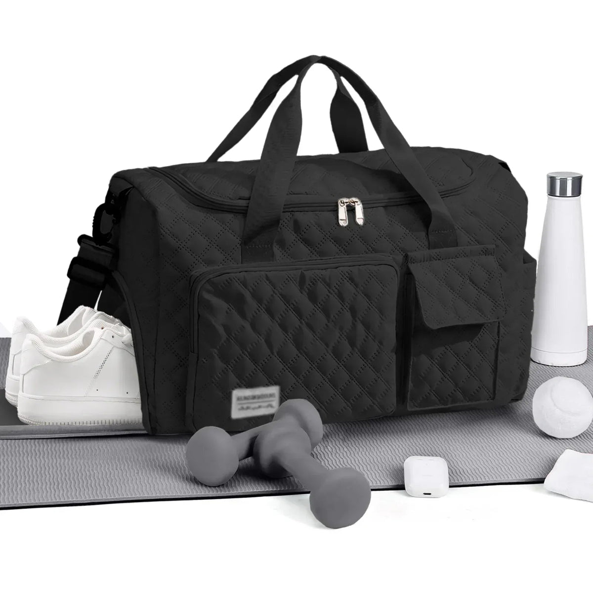 DAKIMOE Travel Duffle Bag for Women Men, Weekender Bags Carry on Gym Bag with Wet Pocket/Adjustable Strap/Shoe Compartment, Foldable Waterproof Overnight Tote Bag for Plane Sports Dance, Black