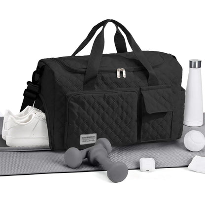DAKIMOE Travel Duffle Bag for Women Men, Weekender Bags Carry on Gym Bag with Wet Pocket/Adjustable Strap/Shoe Compartment, Foldable Waterproof Overnight Tote Bag for Plane Sports Dance, Black