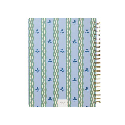 Papier To Go, College Ruled, Lined Notebook, Spiral, Hardcover, B5 Size - 7.1x 10", Stripe and Floral Print - Ric Rac, Blue