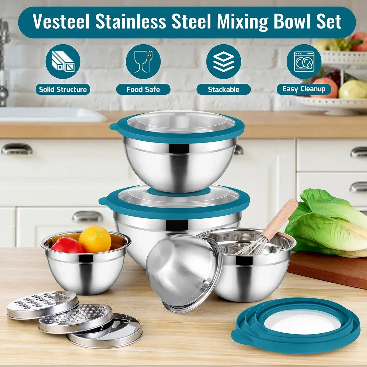 Vesteel Mixing Bowls with Lids Set of 8, Stainless Steel Prep Bowls with Upgraded Airtight Visible Lid, Metal Nesting Bowl Attach with 3 Graters for Kitchen Grating/ Shredding / Mixing