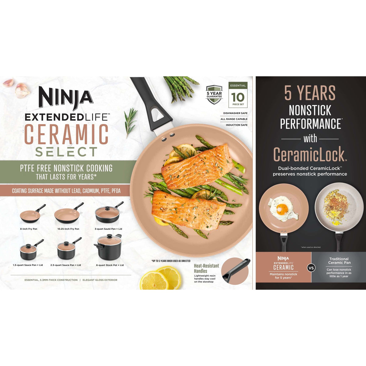 Ninja 10pc Ceramic Pots and Pans Non-Stick Cookware Set, Oven Safe to 350°F, Induction Compatible