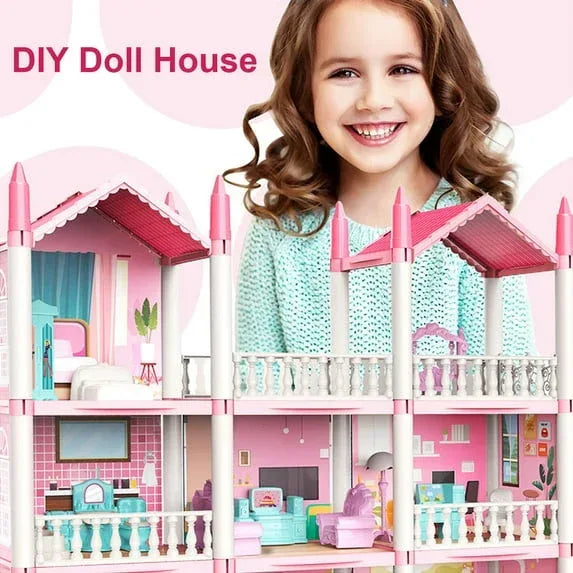 Dollhouse Play Toys Set, 5 Rooms Kids Dollhouse with Doll Toy Figure, Furniture and Accessories, Doll House Gift Toys for Kids Girls Ages 3 & Up, Pink