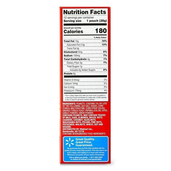 Great Value Dry Roasted Peanuts Seasoned with Sea Salt, 1 oz, 12 Count