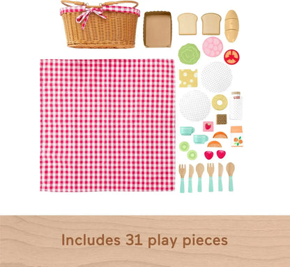 Fisher-Price Wooden Picnic Basket and Food Pretend Play Set for Preschool Kids, 31 Pieces