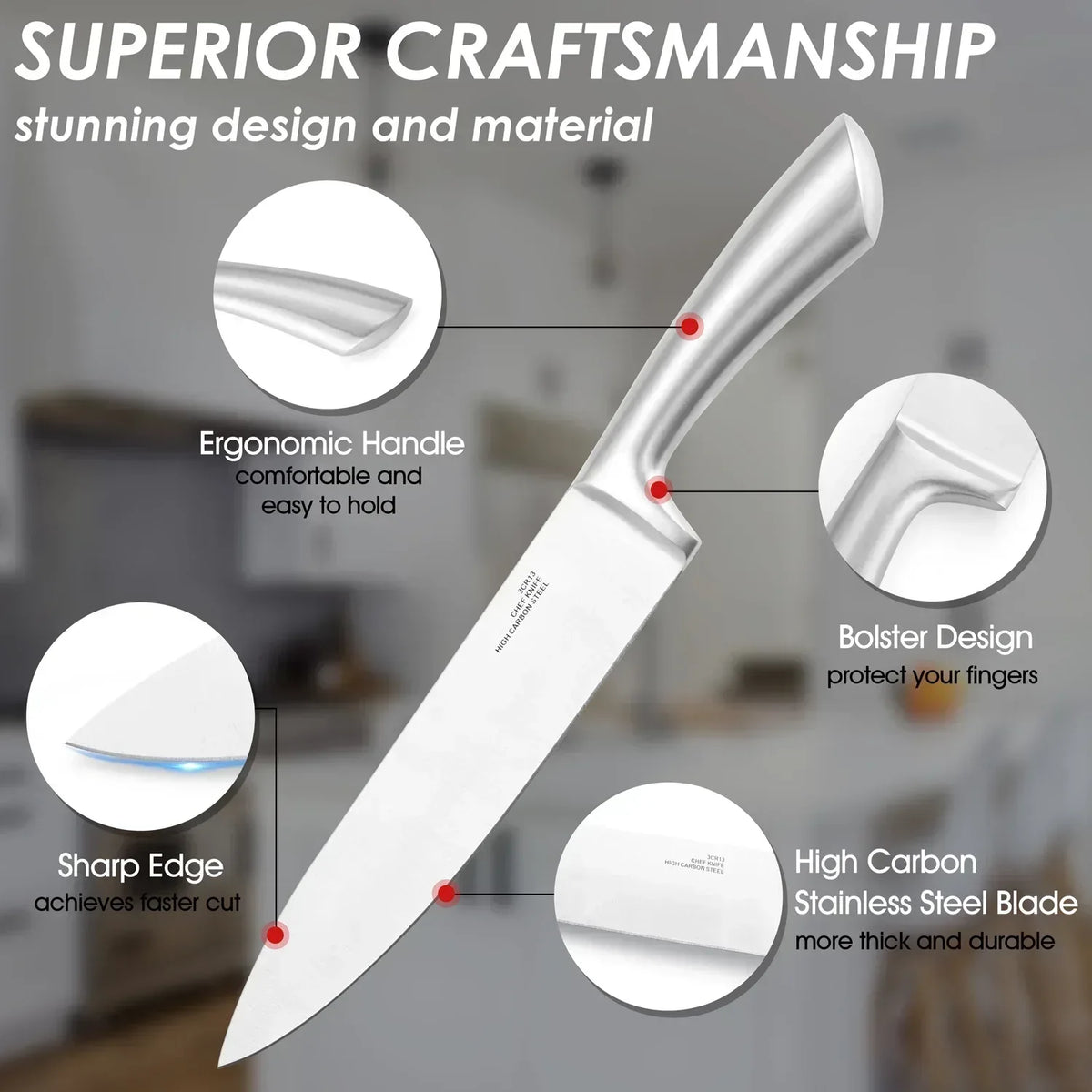 Walchoice 15 Pieces Knife Set with Block, High Carbon Stainless Steel Kitchen Knife Set with Sharpener, Rust Resistant & Dishwasher Safe