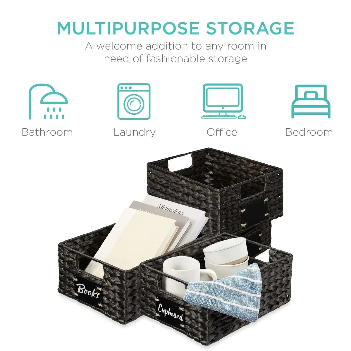 Best Choice Products Set of 4 12in Woven Water Hyacinth Pantry Baskets w/ Chalkboard Label, Chalk Marker