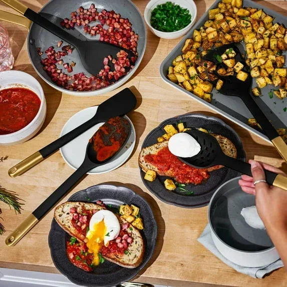 Beautiful 6-Piece Silicone Kitchen Utensil Tool Set with Rotating Rack, Black Sesame by Drew Barrymore