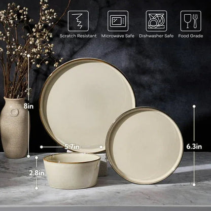 Vesteel Dinnerware Sets for 4, 12-Pieces Ceramic Plates and Bowls Sets, Handmade Reactive Glaze Dishes Set for Kitchen Dining, Dishwasher Safe, Khaki