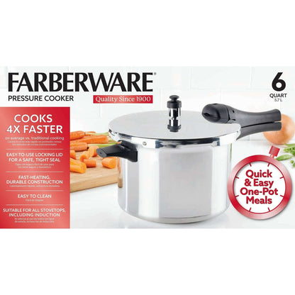 Farberware Pressure Cooker 6 Quart Aluminum Stovetop Pressure Cooker, Induction Compatible, Metal Utensil Safe, Silver