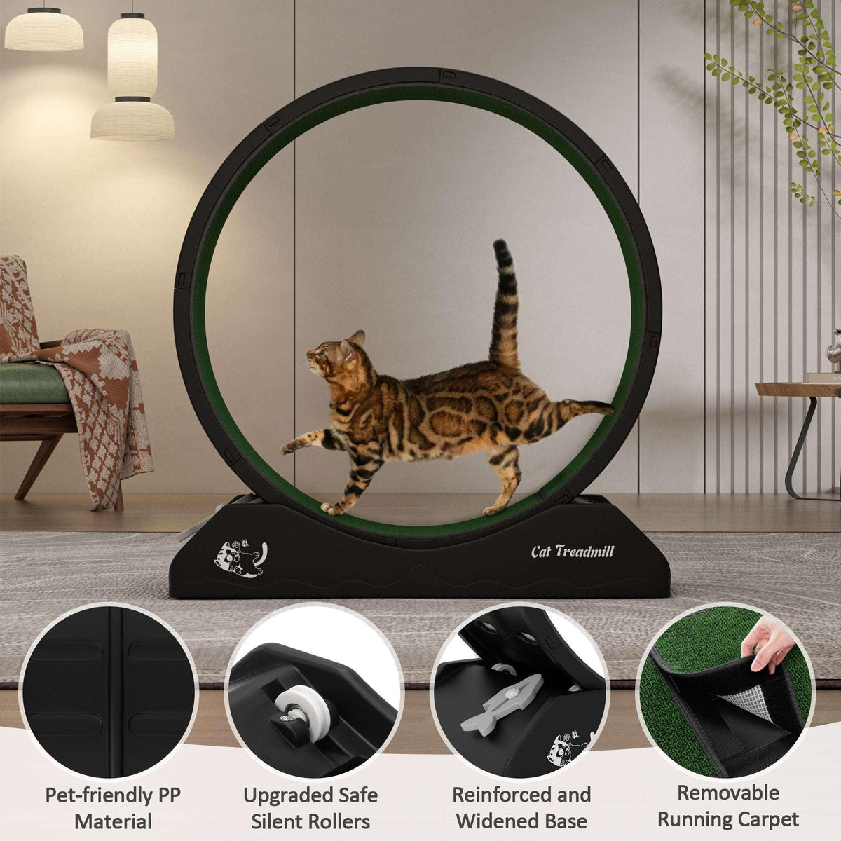 POLAHAKU Cat Exercise Wheel, 31.5'' Cat Treadmill with Carpeted Runway and Safety Lock,Black
