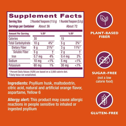 Metamucil Sugar-Free Fiber Supplement Powder for Daily Digestive Health, Orange Flavor, 30 Servings