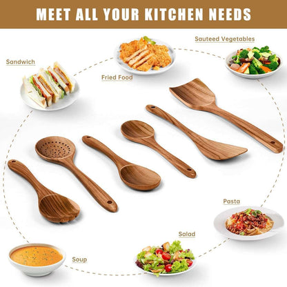 GPED Wooden Spoons for Cooking, 6 PCS Teak Wood Cooking Utensil Set, Wooden Kitchen Utensils for Nonstick Pans & Cookware, Spoons and Spatula Set, Sturdy, Lightweight & Heat Resistant