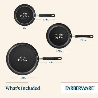 Farberware Easy Clean 3 Pcs Nonstick Frying Pans / Skillets, Dishwasher Safe, 8 Inch, 9.75 Inch, 12 Inch, Black