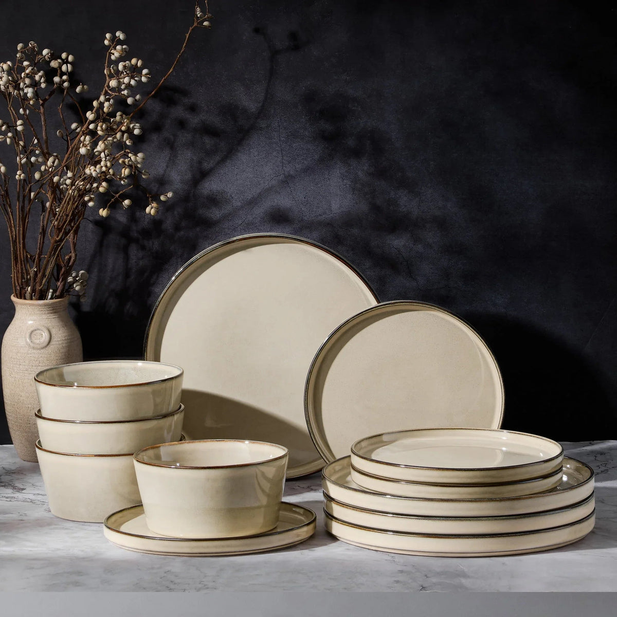 Vesteel Dinnerware Sets for 4, 12-Pieces Ceramic Plates and Bowls Sets, Handmade Reactive Glaze Dishes Set for Kitchen Dining, Dishwasher Safe, Khaki