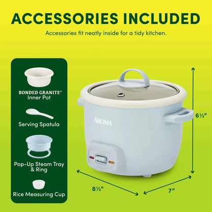 AROMA® 4-Cup Cooked, 2-Cup Uncooked Rice Cooker & Food Steamer with Bonded Granite® Nonstick Ceramic & Pop-Up Steam Tray - Blue