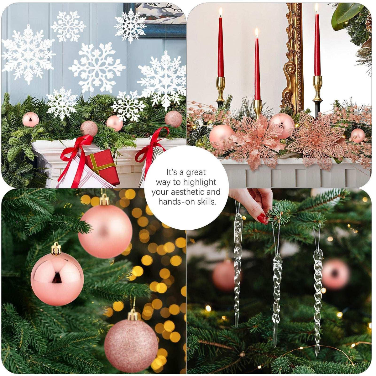 Ayieyill 92Pcs Christmas Tree Decorations Includes Poinsettia Christmas Flowers, Ball Ornaments, Artificial Glitter Berry Stems, Snowflake and Icicle Drop Crystal Ornaments | Rose Glod