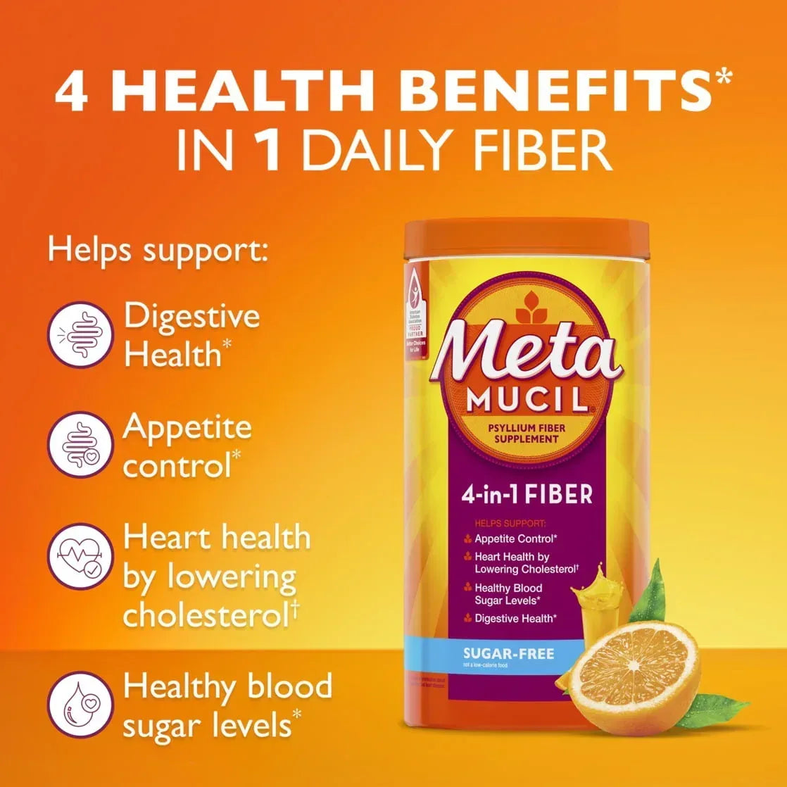 Metamucil Sugar-Free Fiber Supplement Powder for Daily Digestive Health, Orange Flavor, 30 Servings