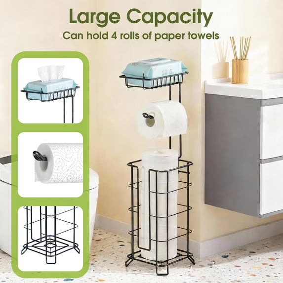Toilet Paper Holder, Upgraded Toilet Paper Storage Free Standing, Free Standing Tissue Roll Storage Rack for Bathroom, Black
