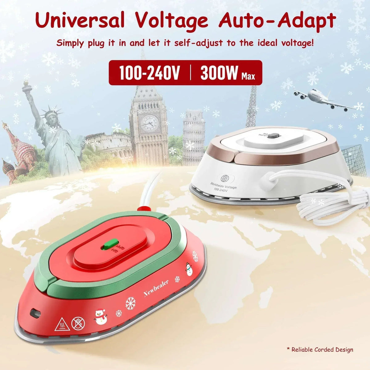 Newbealer Travel Iron with Global Voltage,Christmas Ready Gift,100-240V 0.8lb Ultra-Lightweight Mini Iron for Clothes,Xmas Gifts for Women,Girls(Red)