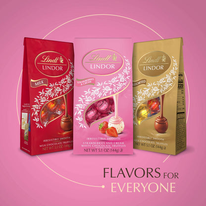 Lindt LINDOR Strawberries and Cream White Chocolate Candy Truffles, White Chocolate with Strawberries and Cream White Truffle Filling, 5.1 oz. Bag