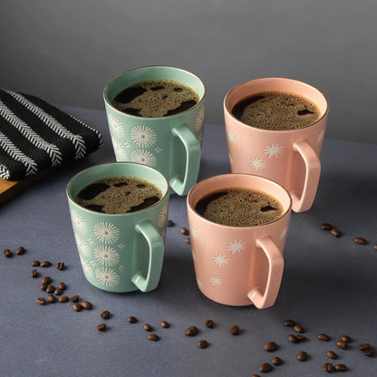 Thyme & Table 4 Pack Green SunBurts and Pink Toss Stars Mugs with Gold Rims 19.9 fl oz, Stoneware