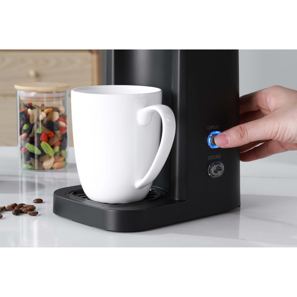Mainstays Black Matte Dual Brew Coffee Maker, Single Serve, Auto Shutoff, 14 oz Reservoir