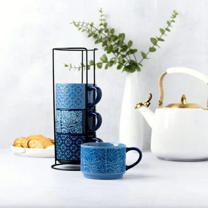 Thyme & Table 11.1 fl oz Blue Flowers and Blue Shapes Stoneware Stacking Mugs with Wire Rack, Set of 4