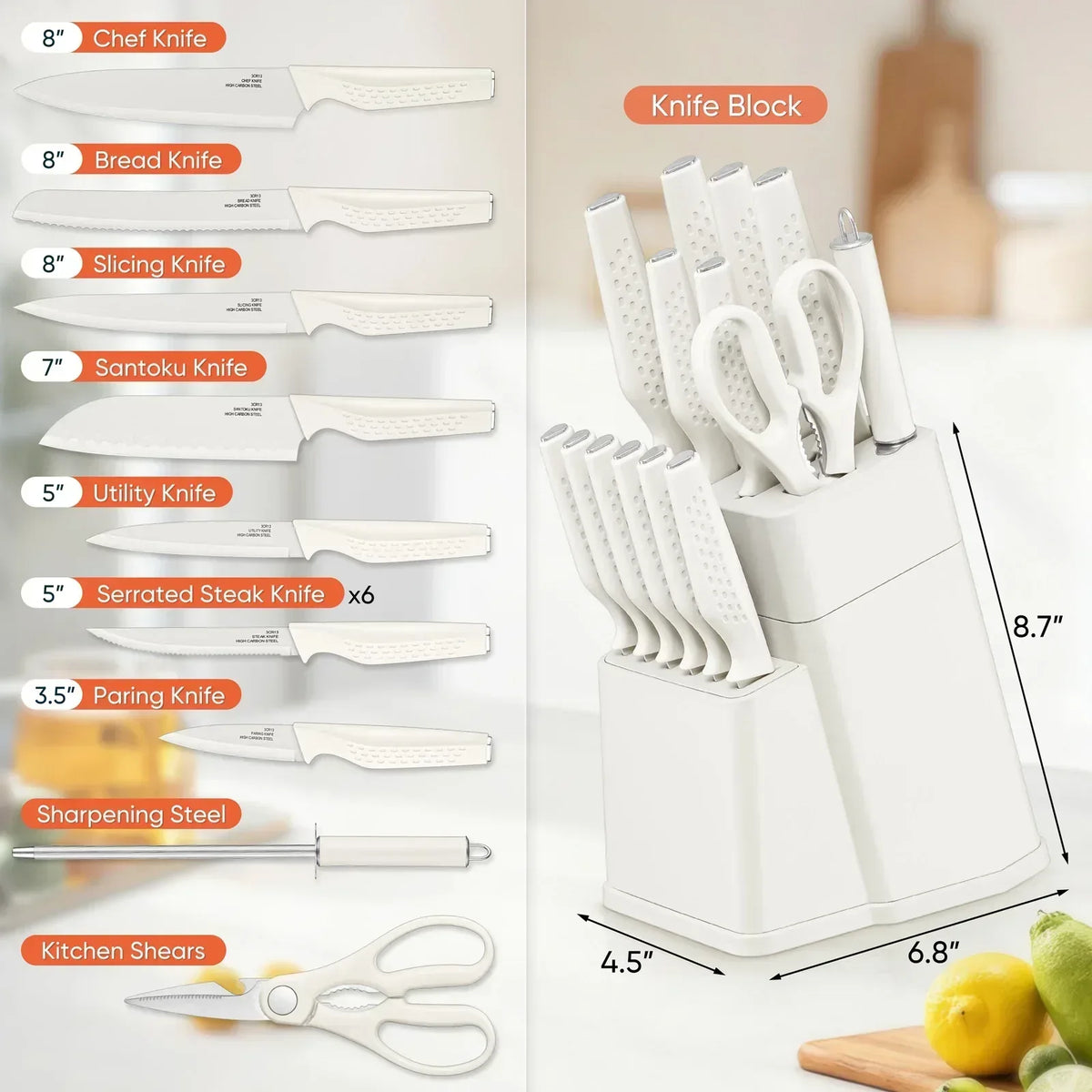 Vesteel Knife Block Set for Kitchen, 15-Piece High Carbon Stainless Steel Knives Set with Ergonomic Handle, Ultra-sharp & Rust Resistant