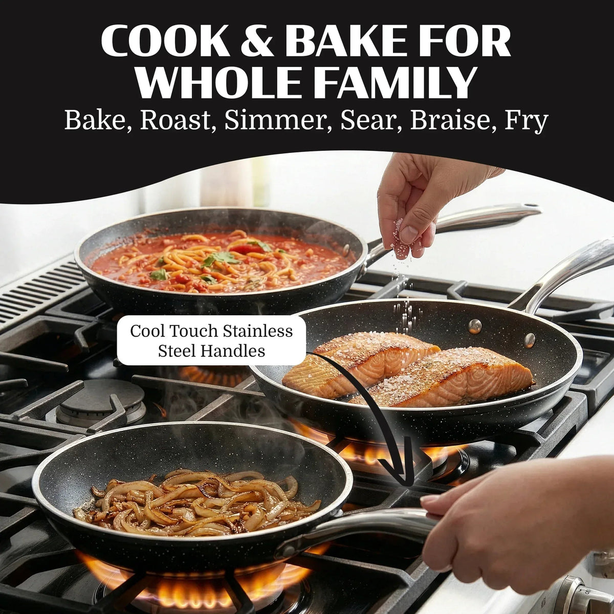 Granitestone 3 Pc Nonstick Frying Pan Set, 8" 10" 12" Frying Pans, Easy Clean Ceramic Frying Pan, Egg Omelet Pan Set, Oven & Dishwasher Safe Skillet, Black